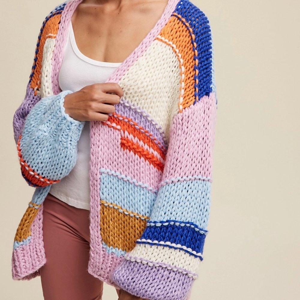 Last 1!  NWT Hand Knit Multi Striped Cardigan Sweater